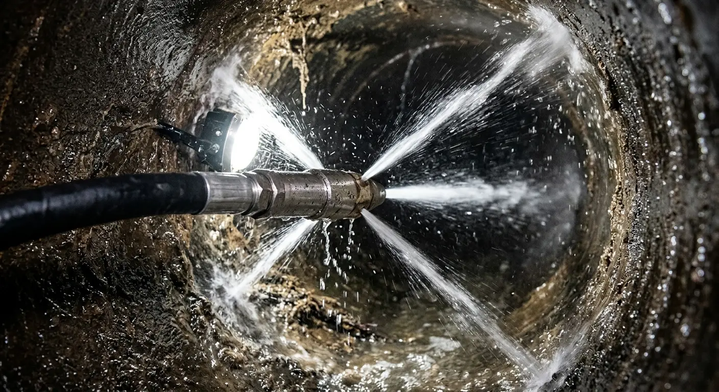 High-pressure hydro jetting nozzle cleaning sewer pipe for Emergency Drain Service in Commerce City