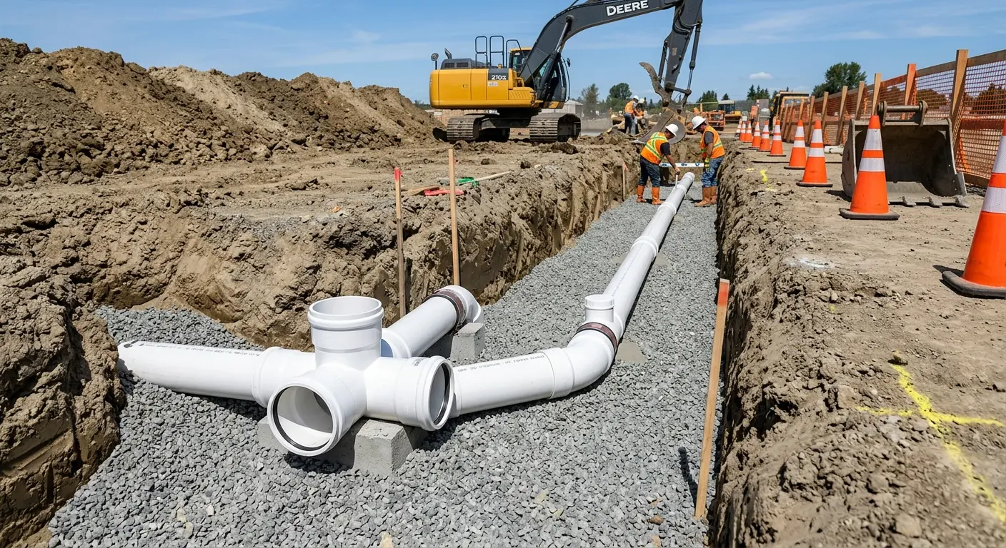 New PVC sewer pipe installation in open trench for Commercial Drain Cleaning in Commerce City